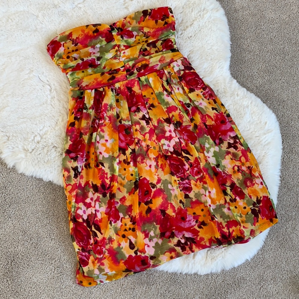 Strapless Ruched Babydoll Floral Dress